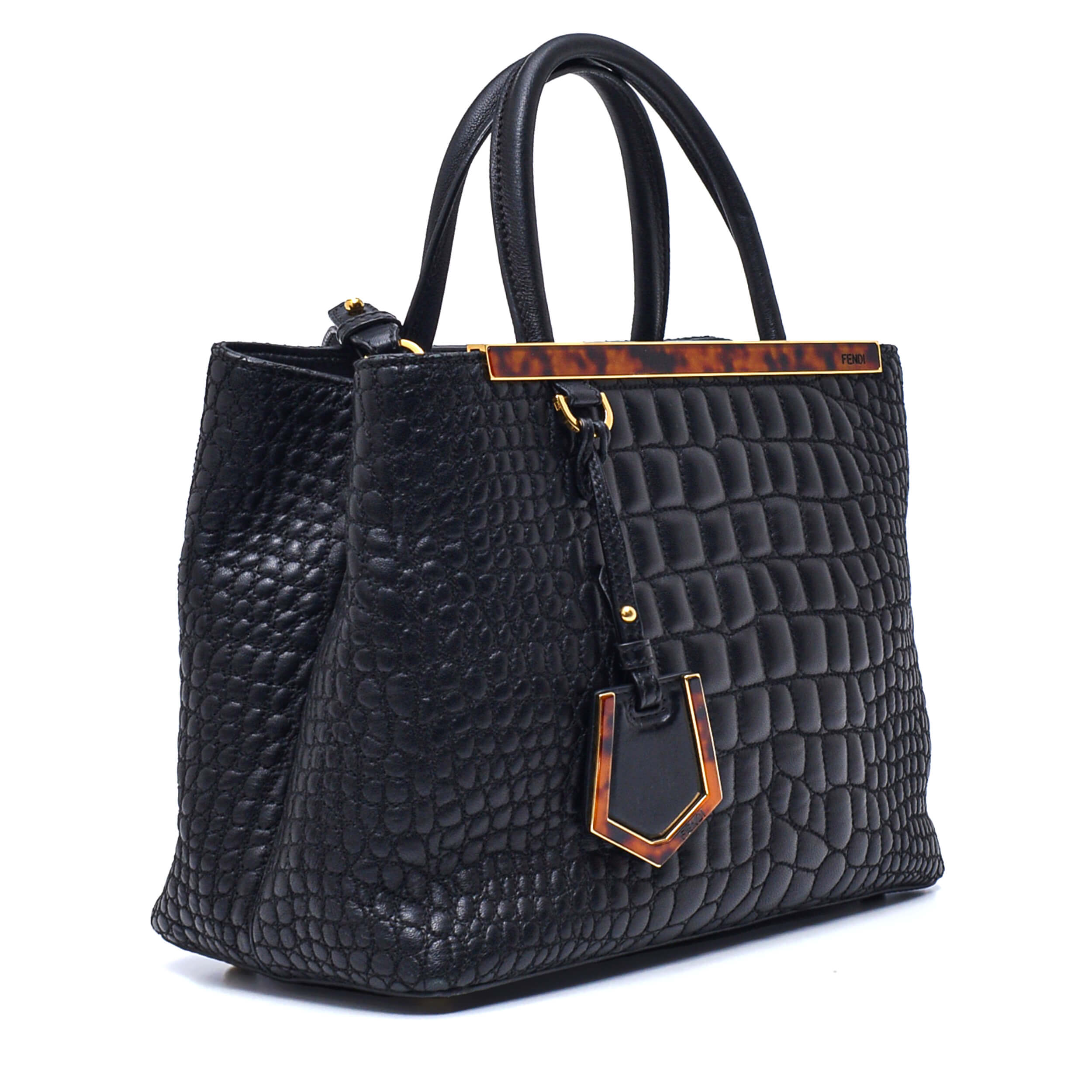 Fendi-Black Croco Embossed Leather Small  Sac 2 Jours Bag